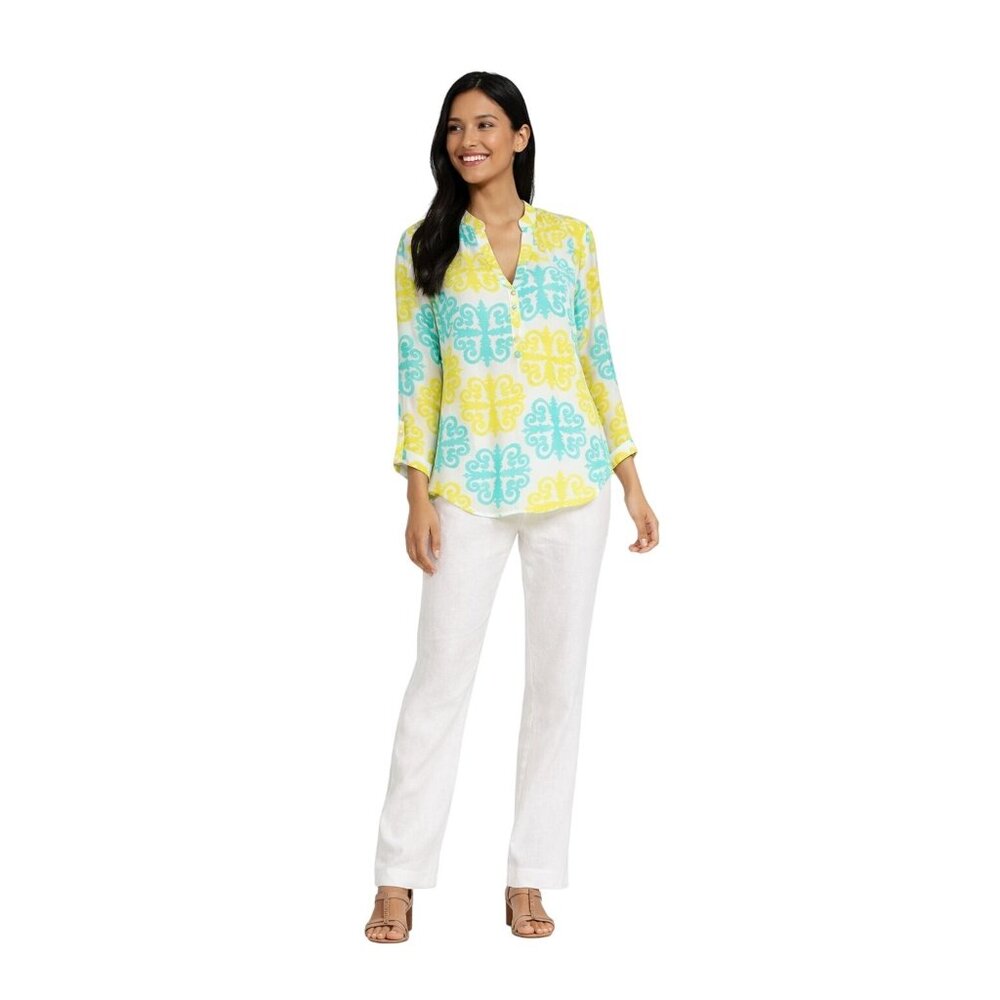 Banana Republic Lilly Collection Size 10 Sheer Blouse Yellow & Turquoise Pattern